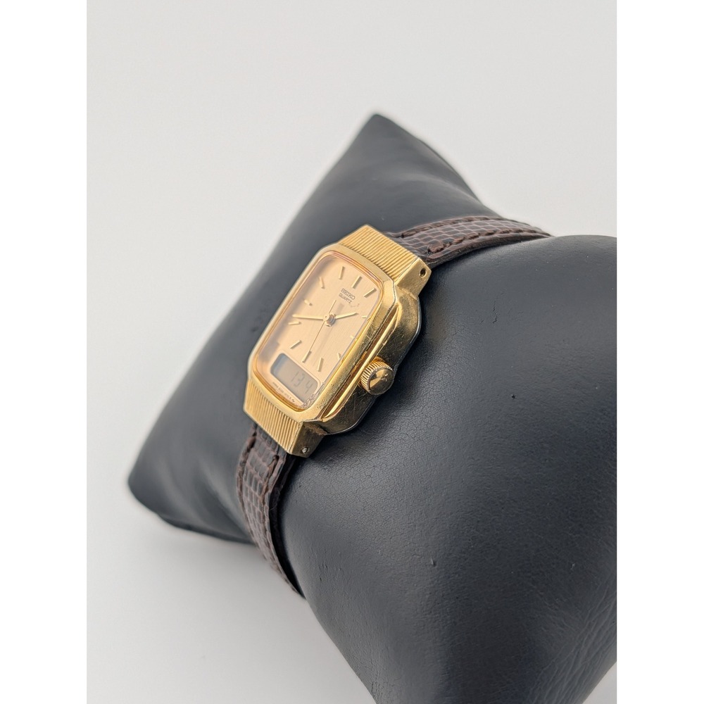 Seiko E029-5159 Ana Digi Gold Tone Rectangular Watch Champagne Dial Vintage - Picture 5 of 10